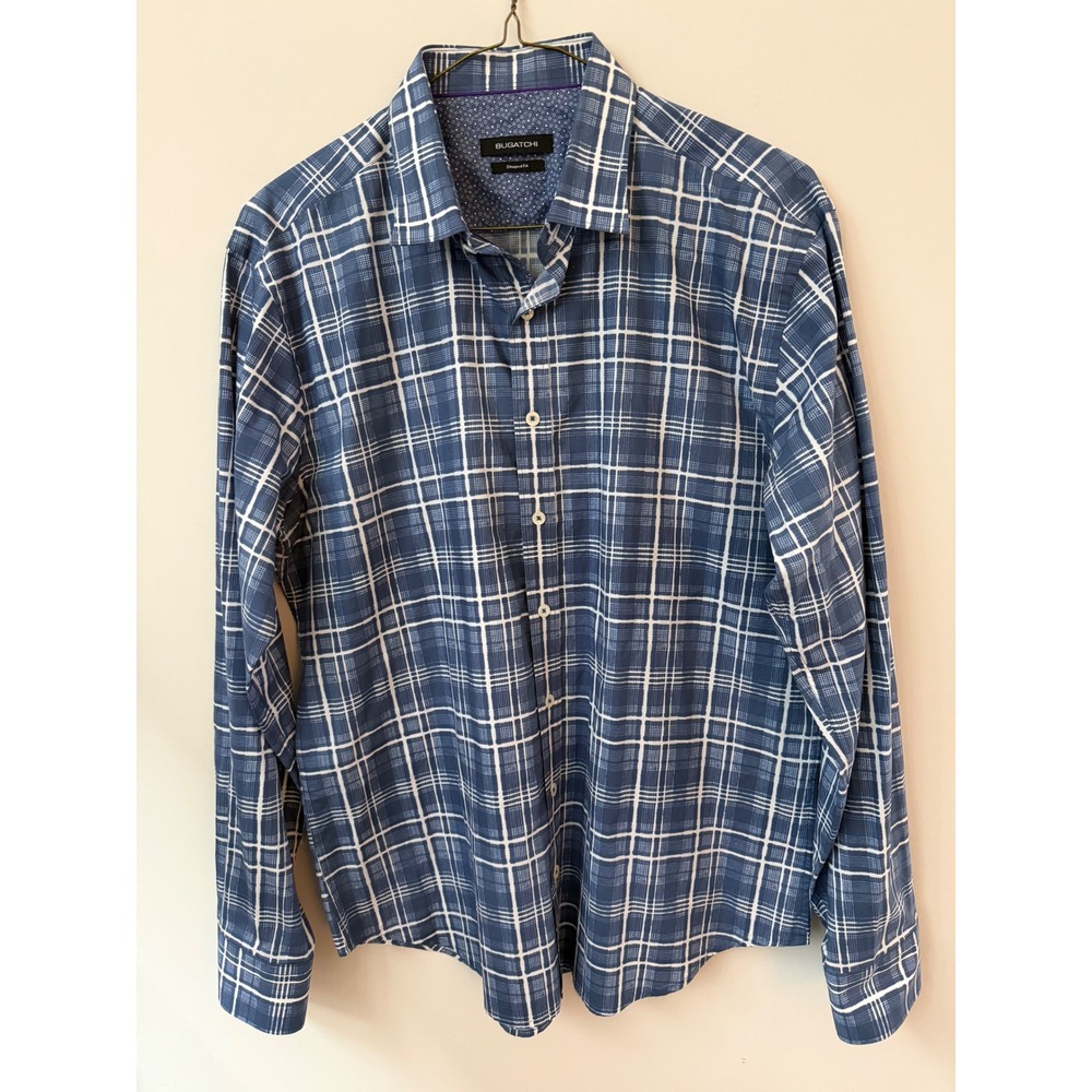 Bugatchi Men's Blue White Plaid Shaped Fit Cotton Shirt L Estimated